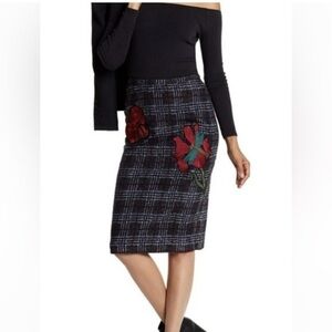 Philosophy Womens Size 8 Wool Blend Tartan Plaid Skirt Dragonfly appliqué NWT
